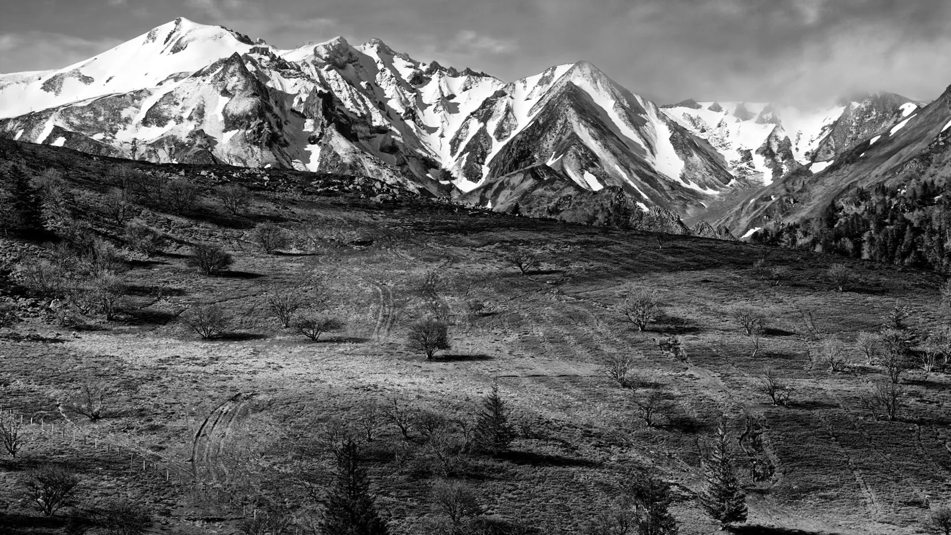 Reliefs volcaniques enneigés du Massif Central au Mont-Dore avec sommets arrondis caractéristiques